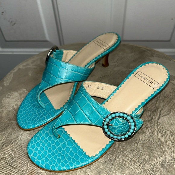 Harold's womens Turquoise 2" embossed print Sandals/Slides Sz 6B Made in italy - Picture 13 of 16